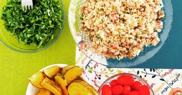 mesa de refeição brasileira colorida com baiao de dois um prato de arroz com feijão